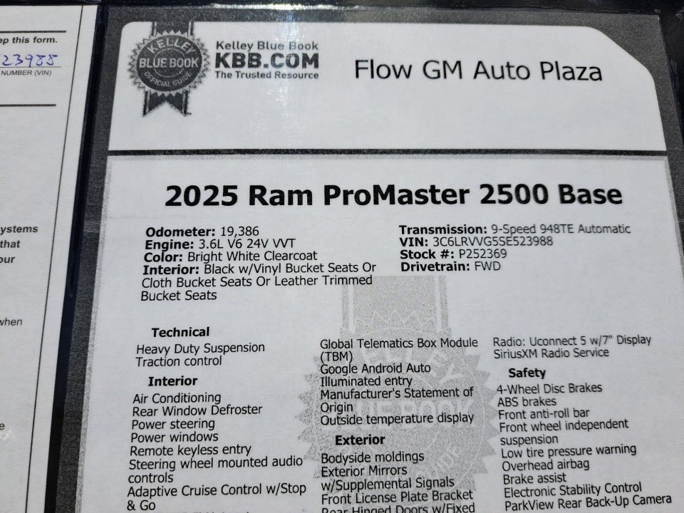 2025 RAM ProMaster 2500 Cargo Van Tradesman Low Roof 136" WB w/Pass Seat